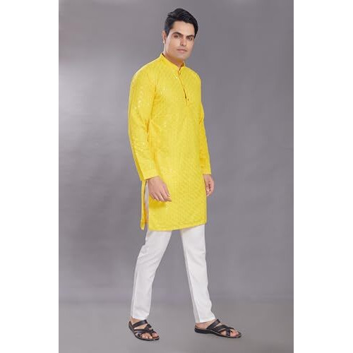 Divisive Men's Sequince Embroidered Cotton Blend Only Slim Fit Kurta (Dkrt571_L_Yellow)