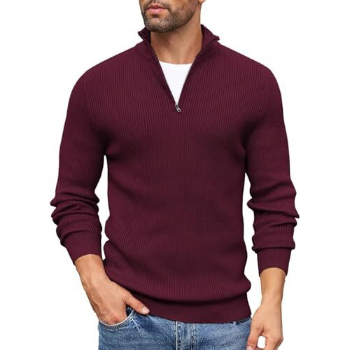 Denimholic Men High Neck Zipper Full Sleeve Cotton Knitted Winter Sweater (In, Alpha, L, Dk Wine)