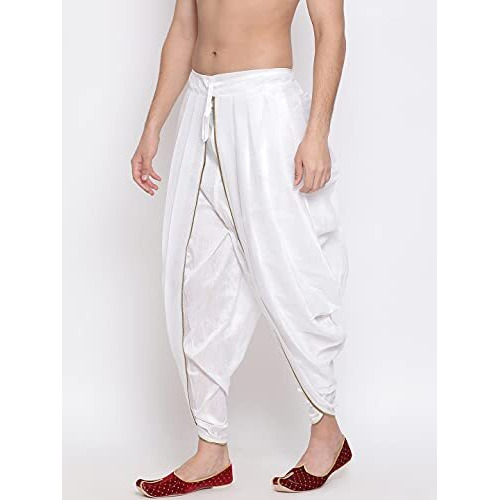 Vastramay Men's White Silk Blend Dhoti | Embroidered Versatile Dhoti, Pair This With Any Kurta Or Sherwani | Traditional And Comfortable, Perfect For Weddings, Festivals, And Ceremonies, Onam