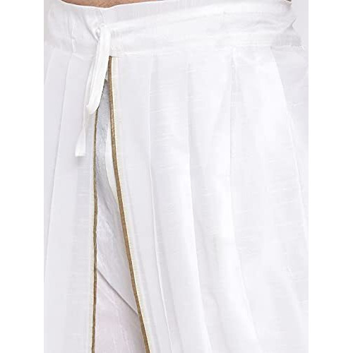 Vastramay Men's White Silk Blend Dhoti | Embroidered Versatile Dhoti, Pair This With Any Kurta Or Sherwani | Traditional And Comfortable, Perfect For Weddings, Festivals, And Ceremonies, Onam
