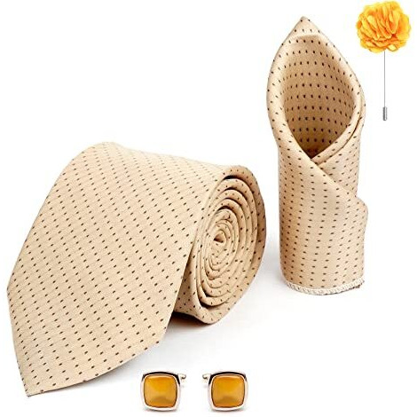 Axlon Mens Plaid Dotted Silk Necktie Gift Set With Pocket Square Cufflinks & Brooch Pin Tie For Men Formal With Leatherite Box (Beige D1Bgrx Free Size)