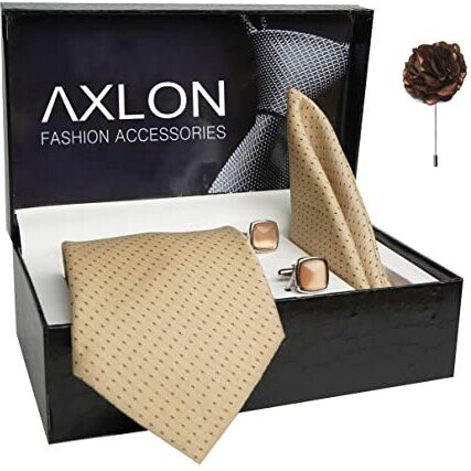 Axlon Mens Plaid Dotted Silk Necktie Gift Set With Pocket Square Cufflinks & Brooch Pin Tie For Men Formal With Leatherite Box (Beige D1Bgrx Free Size)