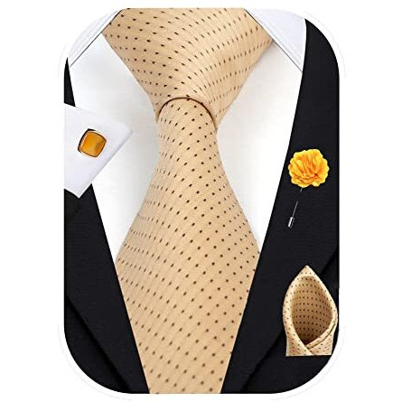 Axlon Mens Plaid Dotted Silk Necktie Gift Set With Pocket Square Cufflinks & Brooch Pin Tie For Men Formal With Leatherite Box (Beige D1Bgrx Free Size)