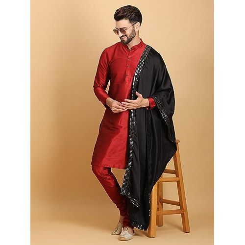 Ethluxis Men's Maroon Viscose Blend Mirror Work Embroidered Dupatta/Stole For Men (Black), Free Size