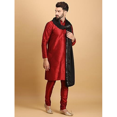 Ethluxis Men's Maroon Viscose Blend Mirror Work Embroidered Dupatta/Stole For Men (Black), Free Size