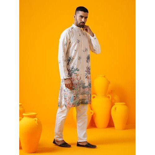 Sojanya (Since 1958 Men's Cotton Krochet Daman Print Cream Long Kurta