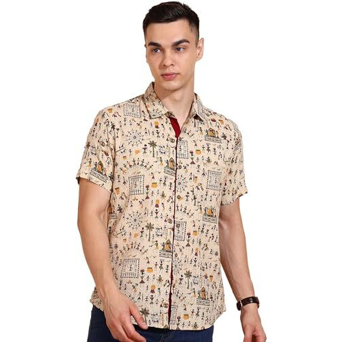 Yash Gallery Men's Cotton Warli Print Shirt Collar Regular Shirt (Off-White, L)