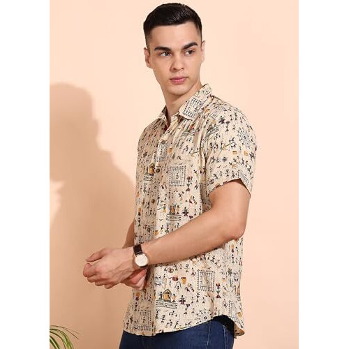 Yash Gallery Men's Cotton Warli Print Shirt Collar Regular Shirt (Off-White, L)
