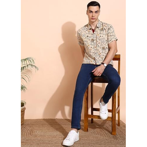 Yash Gallery Men's Cotton Warli Print Shirt Collar Regular Shirt (Off-White, L)