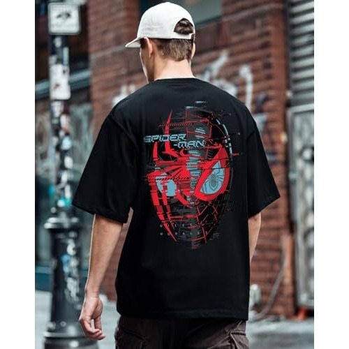 Bewakoof X Official Marvel Merchandise Men's Graphic Printed Cotton T-Shirt - Oversized Fit, Round Neck, Half Sleeves_599566_Black_M