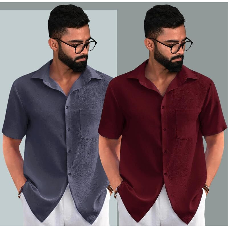 Pinkmint Combo Of Men's Regular Fit Popcorn Shirt Half Sleeve Spraed Collar Shirt (Pack Of 2)