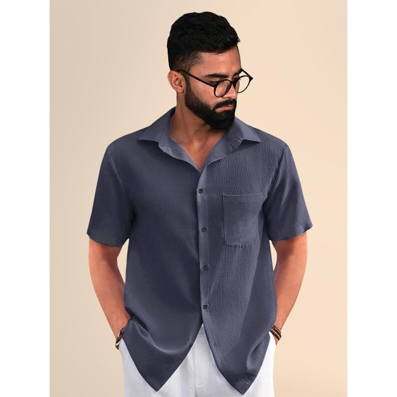 Pinkmint Combo Of Men's Regular Fit Popcorn Shirt Half Sleeve Spraed Collar Shirt (Pack Of 2)