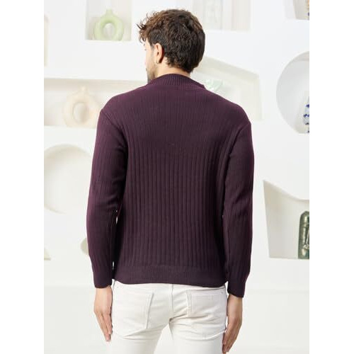 Kvetoo Men High Neck Zipper Full Sleeve Woolen Winter Sweater Violet Size M