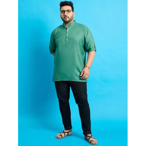 Bigbanana Plus Size Men's Regular Fit Solid Short Kurta (Pollan-Grey,Grey,5Xl)