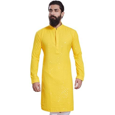 Divisive Men's Sequince Embroidered Cotton Blend Only Slim Fit Kurta (Dkrt231_L_Yellow)