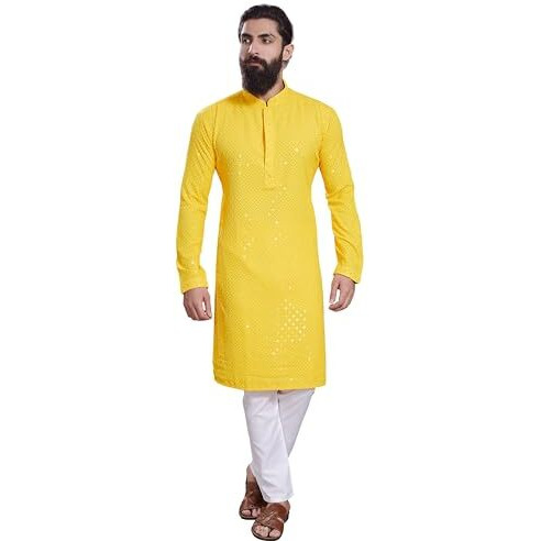 Divisive Men's Sequince Embroidered Cotton Blend Only Slim Fit Kurta (Dkrt231_L_Yellow)
