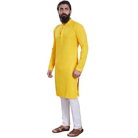 Divisive Men's Sequince Embroidered Cotton Blend Only Slim Fit Kurta (Dkrt231_L_Yellow)