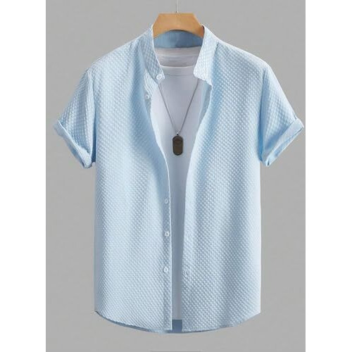 Shirt For Men's | Men Stylish Shirt | Men Polycotton Shirt | Men's Regular Fit | Solid Color Casual Shirt | Chinese Collar Half Sleeve Shirt  (In, Alpha, M, Regular, Sky Blue)
