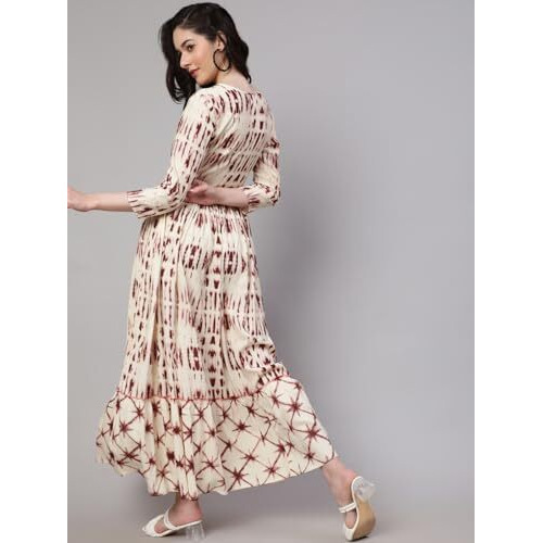 Daevish Women's New Rayon Print Tie-Up Waist V Neck Flared Maxi Dress Brown
