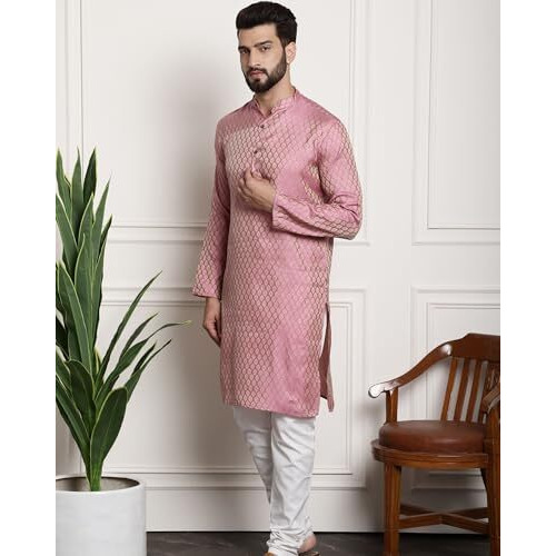 Sojanya (Since 1958 Men's Jacq Silk Pink Self Design Kurta & Off-White Churidar Pyjama Set