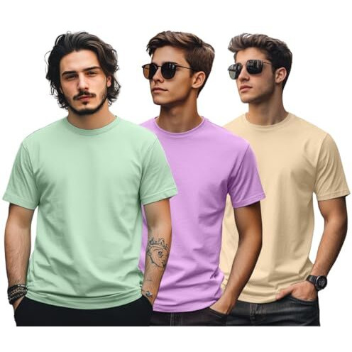 Veirdo Pure Cotton Swan White, Lilac & Green Regular Fit Half Sleeve Solid Round Neck T-Shirt For Men (Pack Of 3) (Po3_99_Sw_Ll_Gr_M)