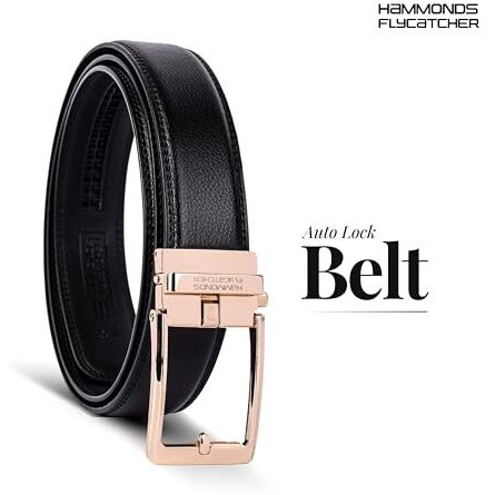 Hammonds Flycatcher Genuine Leather Belt For Men, Premium Leather Belt With Auto Lock Mechanism, Mens Belt Leather Branded With Slide Lock For Everyday Wear - Gold Black