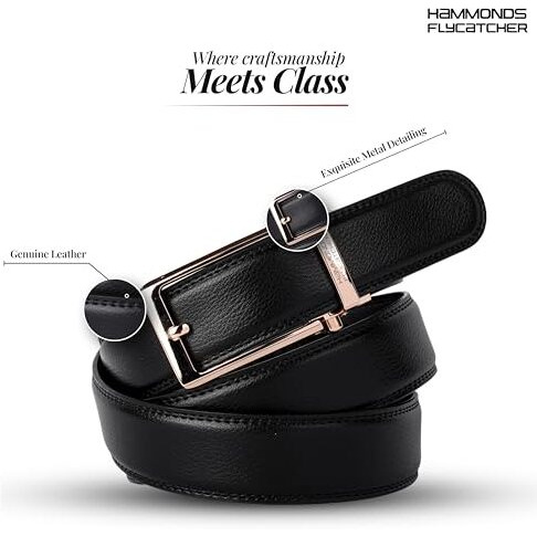 Hammonds Flycatcher Genuine Leather Belt For Men, Premium Leather Belt With Auto Lock Mechanism, Mens Belt Leather Branded With Slide Lock For Everyday Wear - Gold Black