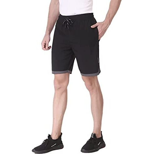 Fitinc Lycra Shorts For Men | Fast Dry Shorts For Men With Zipper Pockets | Running, Jogging Lightweight Bermuda Half Pant For Man For Home & Casual Outings - Black, Medium