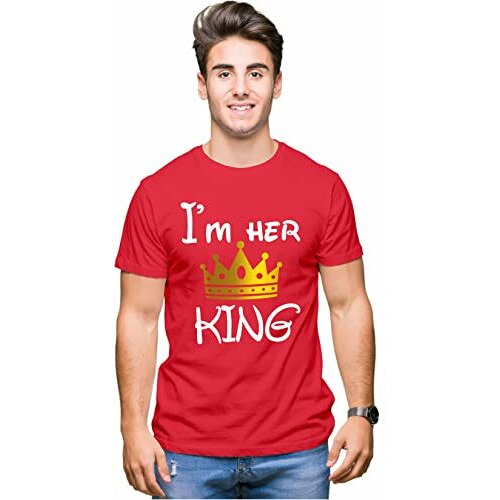 Hangout Hub Hangout-Hub850P Couple T Shirts For Couples | Printed I Am Her King His Queen-Gc (RedMen L, Women M) T-Shirt For Men Women Couples (Set Of 2 | Regulat Fit | Cotton)