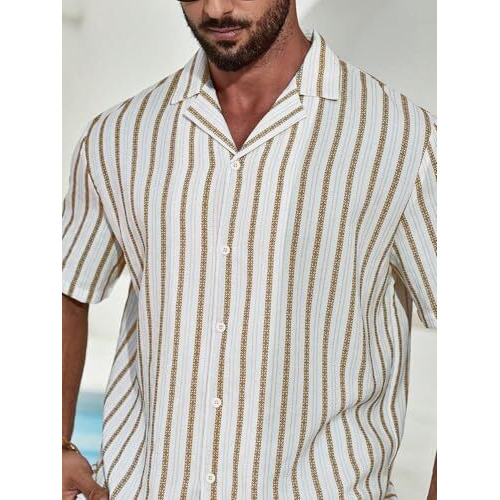 Tagdo Men's Striped Loose Fit Shirt (Shirt-2026-Mustard-M_Mustard