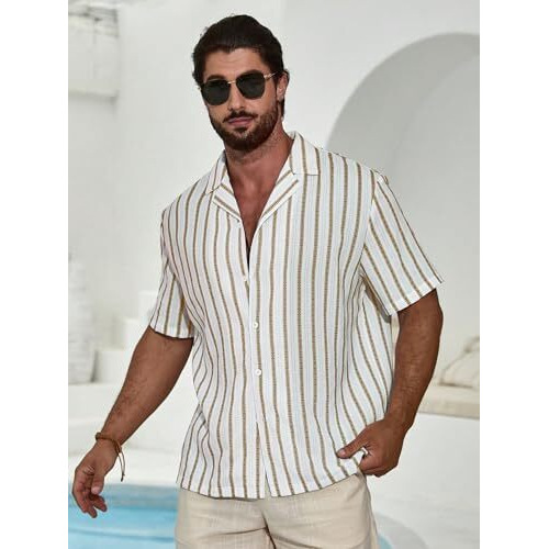 Tagdo Men's Striped Loose Fit Shirt (Shirt-2026-Mustard-M_Mustard