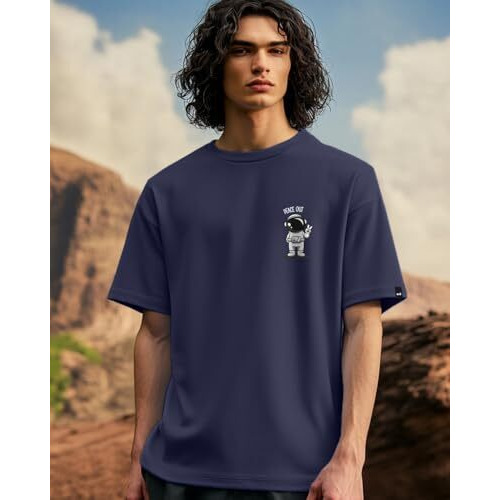 Bewakoof Men's Peace Out Astronaut Graphic Printed 100% Cotton T-Shirt - Oversized Fit, Round Neck, Half Sleeves Blue