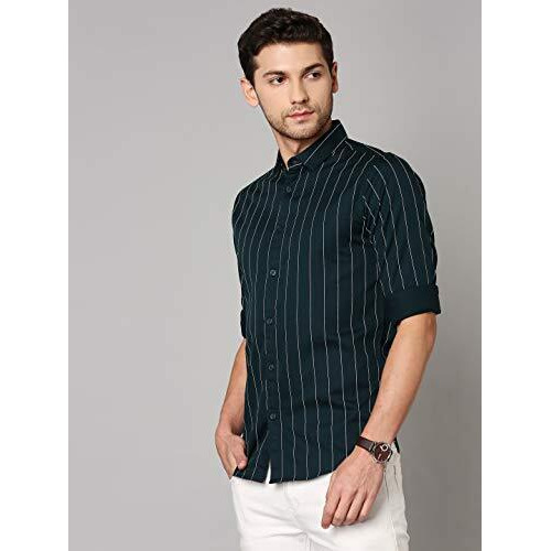 Dennis Lingo Men's Striped T-Green Slim Fit Cotton Casual Shirt (Az731_T-Green_S)