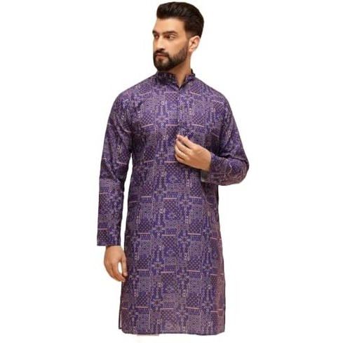 Sojanya (Since 1958 Men's Cotton Linen Geometric Printed Purple Only Long Kurta