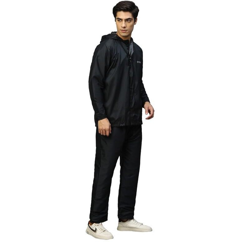 Citizen Reversible Raincoat For Men With Adjustable Hood, Waterproof Pant And Carry Pouch | Durable & Lightweight 190T Polyester Fabric & Virgin Pvc Rainsuit, Black, L