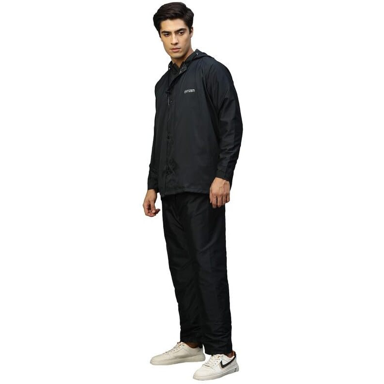 Citizen Reversible Raincoat For Men With Adjustable Hood, Waterproof Pant And Carry Pouch | Durable & Lightweight 190T Polyester Fabric & Virgin Pvc Rainsuit, Black, L