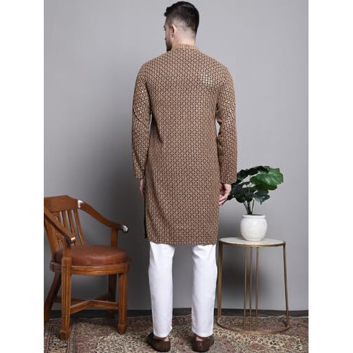 Jompers Mens Sequin Embroidered Pure Cotton Kurta With Pyjamas (Brown, M)