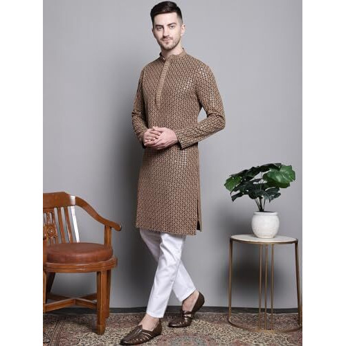 Jompers Mens Sequin Embroidered Pure Cotton Kurta With Pyjamas (Brown, M)