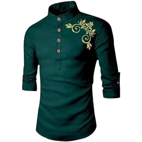 Deelmo Men's Cotton Blend Mandarin Collar Regular Fit Full Sleeve Short Kurta Shirt, X-Large, Dark Green