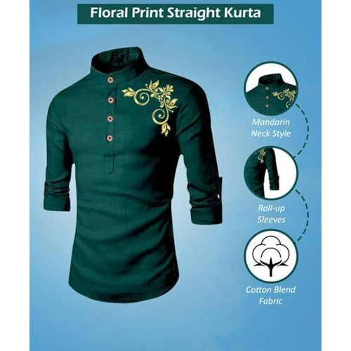 Deelmo Men's Cotton Blend Mandarin Collar Regular Fit Full Sleeve Short Kurta Shirt, X-Large, Dark Green