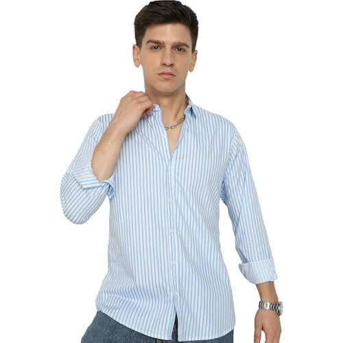 Men's Cotton Casual Printed Solid Stylish Latest Shirt For Men (Skyblue-White X-Large)