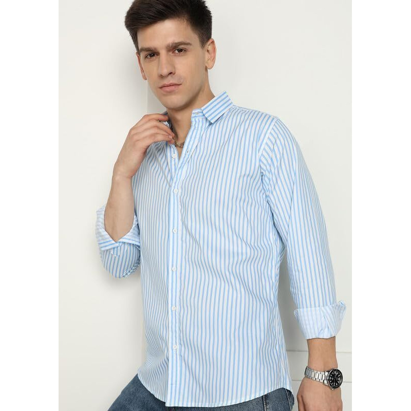 Men's Cotton Casual Printed Solid Stylish Latest Shirt For Men (Skyblue-White X-Large)