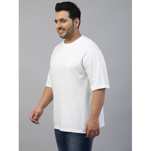 Veirdo 100% Pure Cotton Oversized Fit Drop Shoulder Solid Core Plus Size Plus Size T-Shirt For Men (Vd_Ps_White_5Xl)