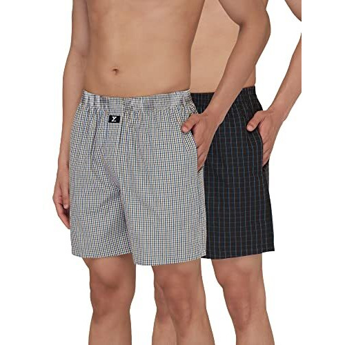 Xyxx Men's Super Combed Cotton Checkmate Boxer Shorts Elasticated Waist, Drawstring | Loungewear For Men Pack Of 2 (L Jet Black + Orange & Blue Checks)