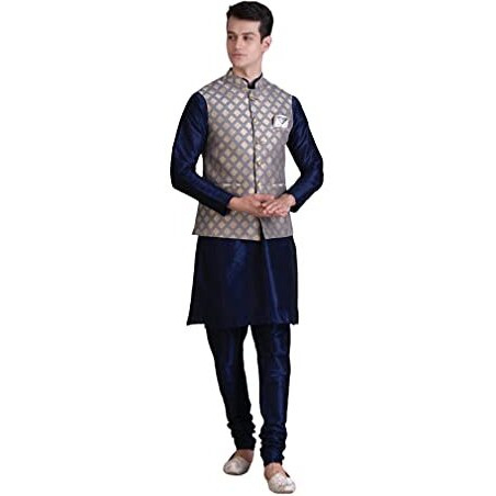 Ethluxis Men's Silk Blend Solid Navy Kurta Pyjama Set With Bundi Nehru Jacket Waistcoat (38, Navy/Grey)