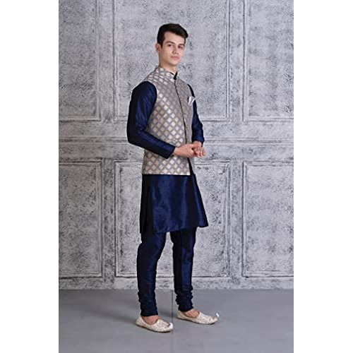 Ethluxis Men's Silk Blend Solid Navy Kurta Pyjama Set With Bundi Nehru Jacket Waistcoat (38, Navy/Grey)