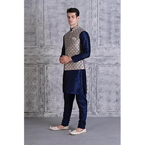 Ethluxis Men's Silk Blend Solid Navy Kurta Pyjama Set With Bundi Nehru Jacket Waistcoat (38, Navy/Grey)