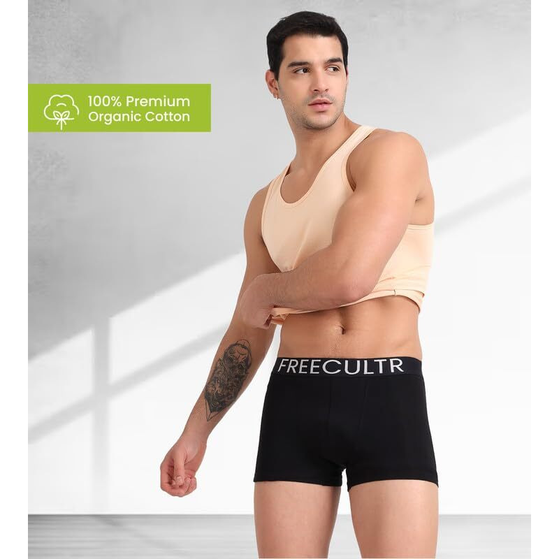 Freecultr Men's Underwear Organic Cotton (Ultrasoft Waistband) Premium Snug-Fit Trunk Size-L Pack Of 5-Black,Brilliant Blue,Coral,Holly Green,Shadow Blue