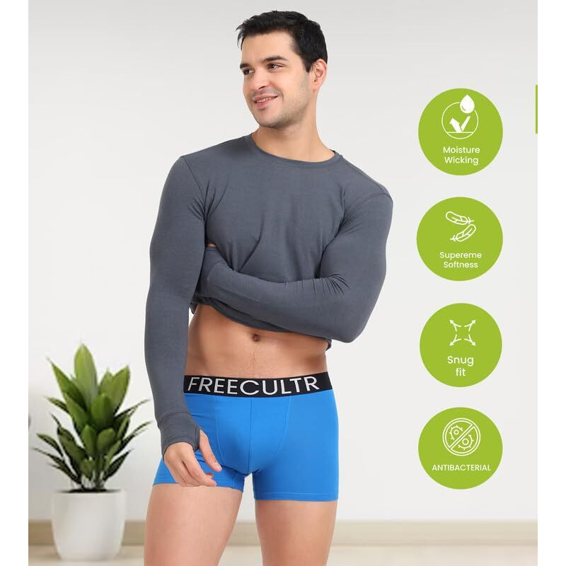 Freecultr Men's Underwear Organic Cotton (Ultrasoft Waistband) Premium Snug-Fit Trunk Size-L Pack Of 5-Black,Brilliant Blue,Coral,Holly Green,Shadow Blue