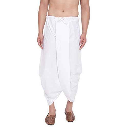 Vastramay Men's White Pure Cotton Ready-To-Wear Dhoti Traditional Pattern With Drawstring Waistband For Festive, Wedding, And Casual Wear